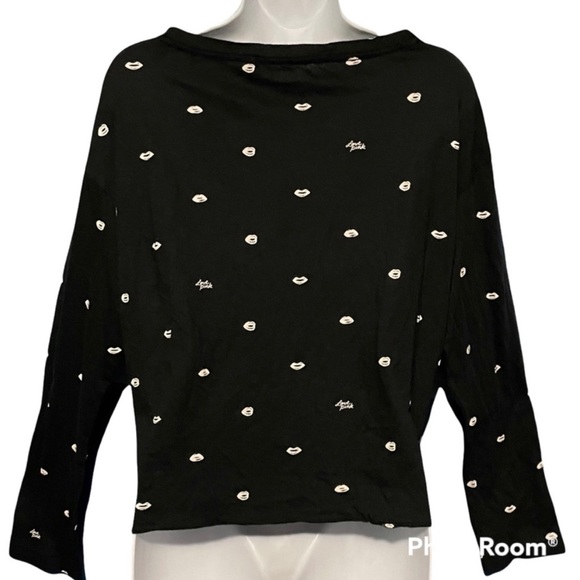 PINK Victoria's Secret Long Sleeve V-Neck Crop Tee Top Size L Printed Lips Logo - Picture 5 of 6